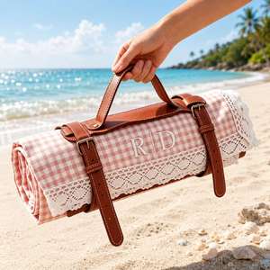 Custom Embroidered Modern Polyester Gingham Picnic <b>Blanket</b> Personalised Name Single Layer Lace Trim Portable Outdoor <b>Beach</b> Gifts - Product Image 3