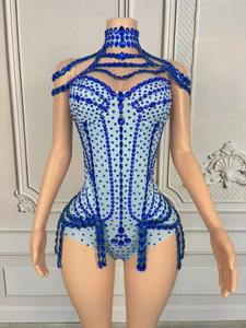 Body de Lentejuelas Azules Brillantes con Flecos para Mujer, Traje Sexy de Danza del Vientre, Disfraz de Espectáculo, Atuendo de Discoteca, Ropa para Cantante y Bailarina de Escenario - Product Image 1