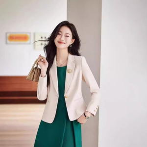 Women's Apricot Short Blazer Solid Color Polyester Anti-Wrinkle Korean Style Spring Autumn Casual Top - Product Image 4