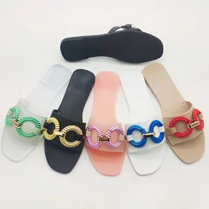 Zapatillas de gelatina con punta abierta y doble anillo de diamante, zapatos informales de playa al aire libre, Sandalias planas de gelatina para mujer, último diseño, 2021