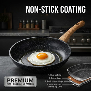 Poêle à frire antiadhésive en aluminium pressé avec revêtement pierre, poignée ergonomique effet bois, chaleur uniforme, sans PFOA, compatible induction et gaz - Product Image 3
