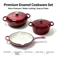 Ensemble de batterie de cuisine antiadhésive 3 pièces, compatible four, casseroles et faitouts en émail, pour cuisinières à induction et à gaz