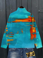 Pull en tricot pour femme à imprimé abstrait, col montant, manches longues, motif artistique, bleu