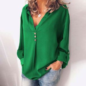 Yeni moda kadınlar bahar sonbahar şifon uzun kollu v yaka kızlar katı düğme artı boyutu gevşek üstleri T-shirt bluz - Product Image 5