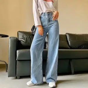 Blaue Jean-Hose große Damenhohe Taille Mama-Jeans koreanische Mode Denim-Hose Jeans Damen Y2K Weite Beine-Hose