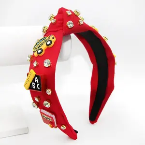 Shenglan 2023 New Arrival Back To School Headbands Red Color Canvas School Bus Book Decorations Top Knotted Hairband For Baby