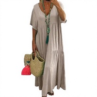 Robe longue décontractée en coton et lin pour femme, col en V, manches courtes, coupe ample et fluide à volants