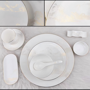 Soupière décorative en céramique à motif marbré et bord doré, service de vaisselle en porcelaine fine, ensemble de bols de service - Product Image 6