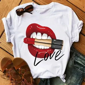 Camiseta de manga curta feminina oem, camiseta feminina com moda verão, estampa gráfica, língua vermelha