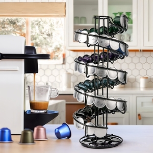 Soporte para Cápsulas de Café <span class=keywords><strong>Dolce</strong></span> <span class=keywords><strong>Gusto</strong></span> en Espiral con Base Giratoria - Diseño de Espuma de Leche, Organizador de Hierro para Encimera de Cocina, Negro Minimalista - Product Image 1