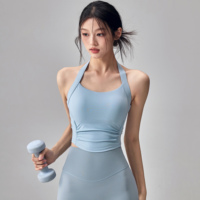 Soutien-gorge de sport halter OEM en gros, effet seconde peau, sans couture, rembourré, dos nu, pour yoga et entraînement, vêtement de sport