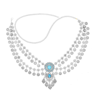 Chaîne de taille ethnique bohème en métal incrusté de turquoise, multi-pendentifs, bijou de taille, ceinture décorative pour danse folklorique, séance photo et scène