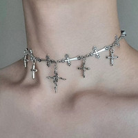 Collier ras du cou en métal avec pendentif croix rose gothique punk pour hommes, accessoires de mode gothique