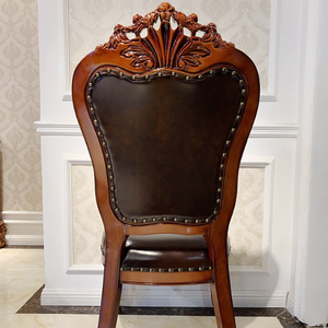 Ensemble de table à manger en bois de style français traditionnel, 6 chaises rembourrées en cuir, design sculpté antique, pour la maison, l'hôtel, la salle à manger - Product Image 6