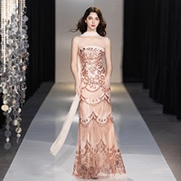 Robe de soirée sirène sur mesure en sequins or rose pêche, sans bretelles, à franges, longueur ras du sol, vente en gros