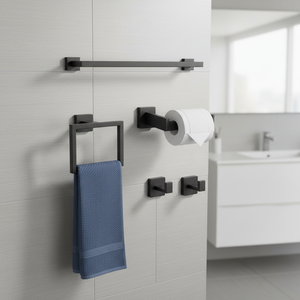 Ensemble d'accessoires de salle de bain en noir mat, design moderne, porte-serviettes et porte-essentiels à prix de gros - Product Image 1