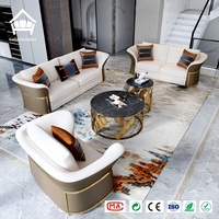 Ensemble de meubles de salon : Canapé en cuir véritable, table basse à plateau en marbre, meuble TV matelassé pour la conception de villas, personnalisation complète de la maison