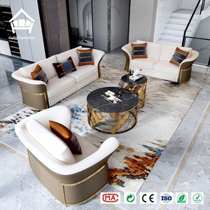 Ensemble de meubles de salon : Canapé en cuir véritable, table basse à plateau en marbre, meuble TV matelassé pour la conception de villas, personnalisation complète de la maison - Product Image 2