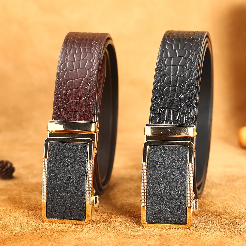 New Casual Trim Fit Golden Cowhide Leather Waist Belt Adjustable Automatic Buckle Real Leather Ratchet Dress Casual Belt for Man