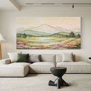 <span class=keywords><strong>Peinture</strong></span> à l'huile abstraite <span class=keywords><strong>Montagne</strong></span> dorée du début du printemps, peinte à la main, texture impasto 3D, toile épaisse écologique, motif floral - Product Image 1