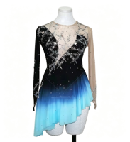 Robe de patinage artistique à manches longues, dégradé noir-cyan, dos en V profond en maille, jupe ornée de strass, pour filles et adultes, compétition et performance