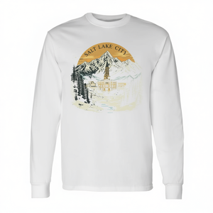 Camiseta de manga larga con diseño de paisaje urbano retro de Salt Lake City Utah Sunset Skyline - Product Image 2