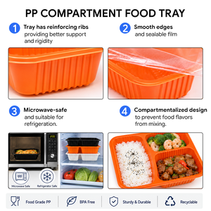 Lonchera desechable de PP de 3 compartimentos, apta para microondas, bandeja para alimentos tipo blíster, contenedor de comida para llevar con logo personalizado para restaurante - Product Image 3