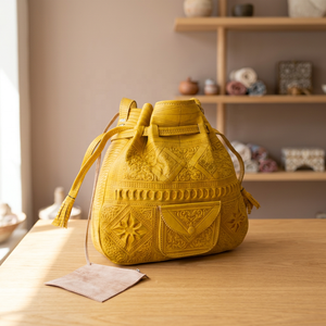 Yellow Genuine Leather Soft Shell Backpack Embossed Patterns Classic Style Durable Carry-<b>on</b> 4-<b>Wheel</b> Handmade Customizable Travel - Product Image 1