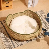 Lit pour chat en rotin tissé naturel, moderne, solide, fait main, avec coussin, pour l'intérieur, toutes saisons
