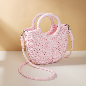 Sacs de plage faits à la main de couleur bonbon en gros, sacs à bandoulière en <span class=keywords><strong>paille</strong></span> demi-<span class=keywords><strong>rond</strong></span>, grande capacité, sacs fourre-tout en <span class=keywords><strong>paille</strong></span> tissés décontractés pour femmes - Product Image 3