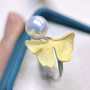 Bague en argent S925 avec feuille de Ginkgo en perle d'eau douce de 9-10 mm, bague en argent pur exquise, lumière intense, extrêmement belle, bijoux fins - Product Image 2