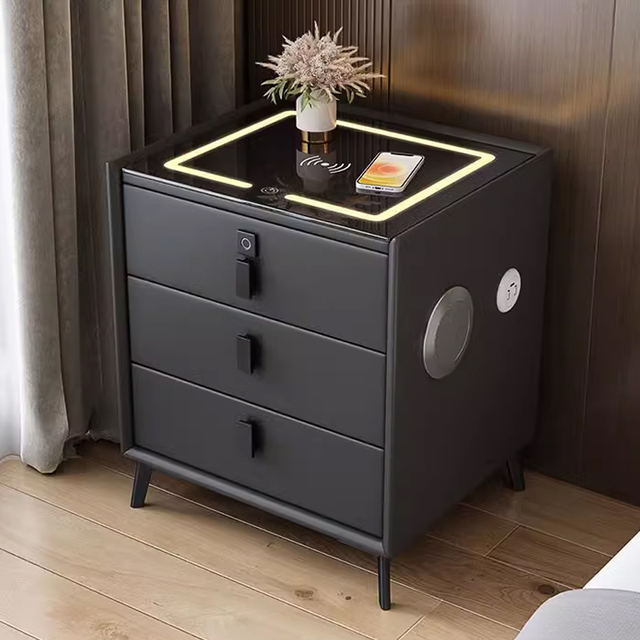Smart Bedside Table Bedroom Solid Wood Wireless Charging BT Speaker Bedside Table Bedside Table with Lamp USB Charging Port