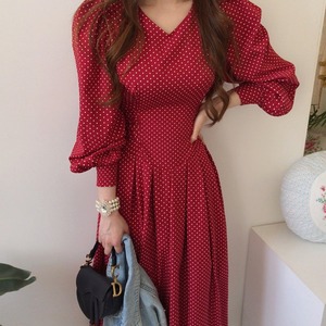 Korean-chic Spring/summer Elegant Vintage V-neck High-Waisted Lantern-sleeve Waist-cinching Figure-flattering Lace-up <strong>Dress</strong> - Product Image 1