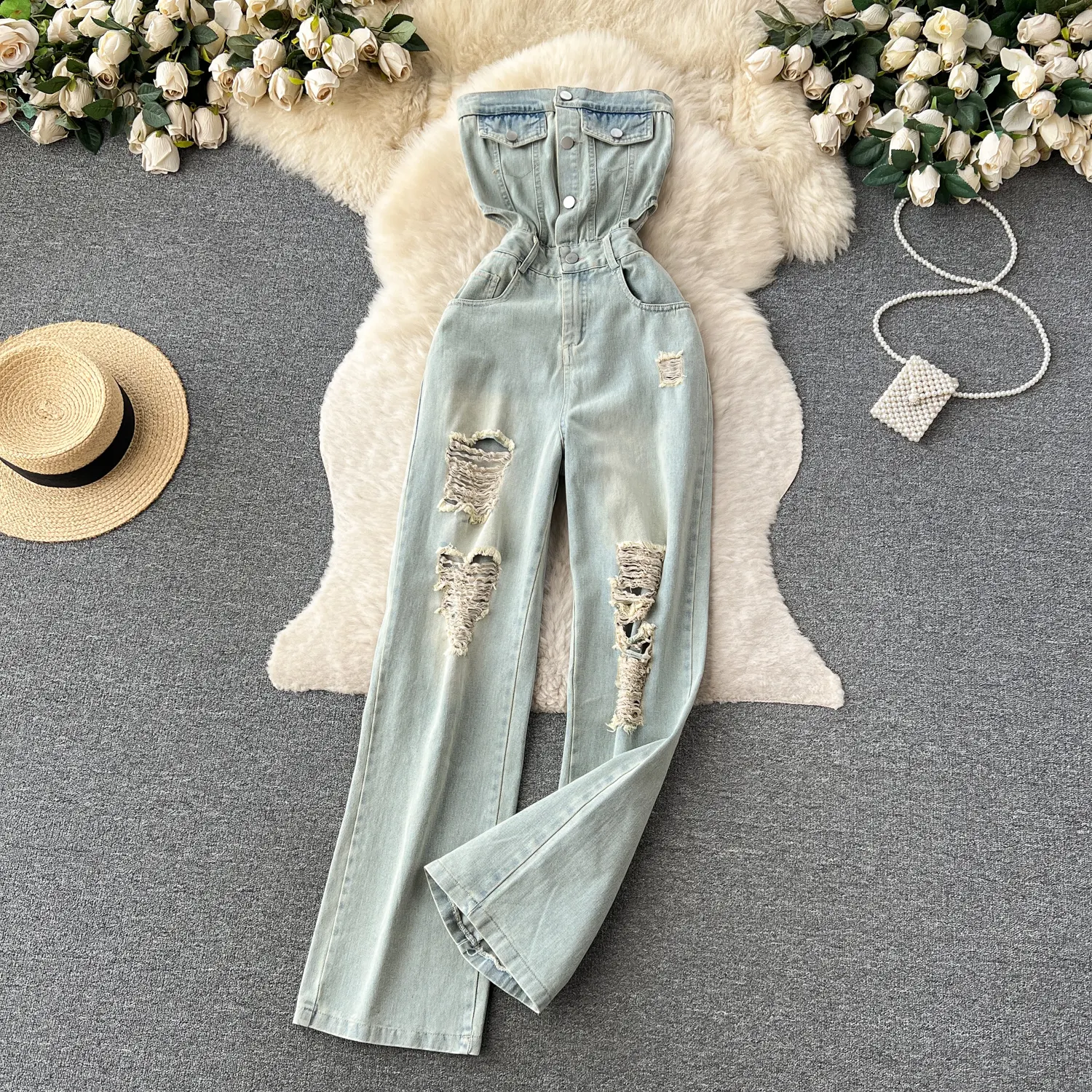 Jumpsuit Denim kasual, jumpsuit panjang musim panas pinggang tinggi Vintage, setelan lompat wanita Retro, overall satu potong grosir