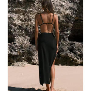 Robe <span class=keywords><strong>de</strong></span> plage texturée fendue pour <span class=keywords><strong>femme</strong></span>, sarong midi à bretelles spaghetti avec fleurs 3D pour les vacances d'été - Product Image 5