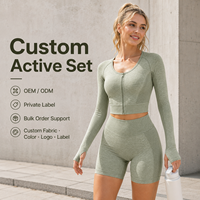 Conjunto Deportivo de Dos Piezas al Por Mayor, Top Corto con Cierre y Manga Larga, Sin Costuras, con Pantalones Cortos de Cintura Alta, para Gimnasio, Fitness, Yoga