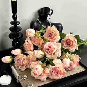 Bouquet de roses artificielles à 3 têtes, fleurs en soie à bords brûlés, arrangement pour la décoration de la maison et des mariages - Product Image 5