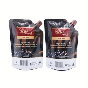 Soporte personalizado superficie brillante boquilla marrón 250ml vino tinto congelación jugo detergente para ropa boquilla bolsa de embalaje