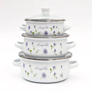 601-3DG(12-16Cm) Putih Bordiran Decalcomania Enamel Pot/Peralatan Masak Set dengan Pegangan dan Tutup Kaca