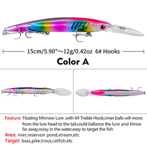 Leurre de pêche flottant Minnow 15 cm 12 g, leurre artificiel pour achigan, leurre dur en plastique, crankbait avec hameçon triple, wobblers - Product Image 6