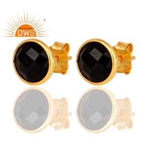 Faceted Black Onyx Gemstone Earrings Wholesale 14k Gold Plated 925 Sterling Silver Stud Earrings Jewelry - Product Image 2