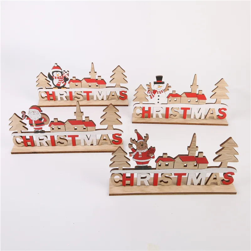 Kerajinan kayu meja dekorasi huruf kayu Natal boneka salju Penguin Santa Claus rusa ornamen natal