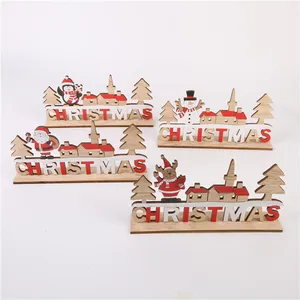 Kerajinan kayu meja dekorasi huruf kayu Natal boneka salju Penguin Santa Claus rusa ornamen natal