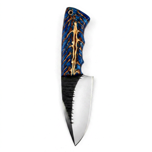 Cuchillo Utilitario de Acero Forjado a Mano para Exteriores, Mango de Madera con Resina Azul, Hoja Fija - Product Image 1