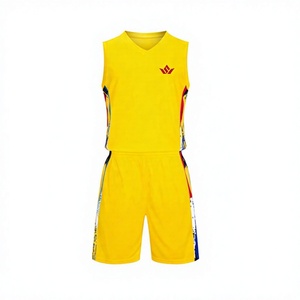 Conjunto de Uniforme de Baloncesto Sublimado Amarillo con Franjas Laterales Coloridas, Pantalones Cortos de Jersey de Poliéster Transpirable para Adultos Unisex - Product Image 1