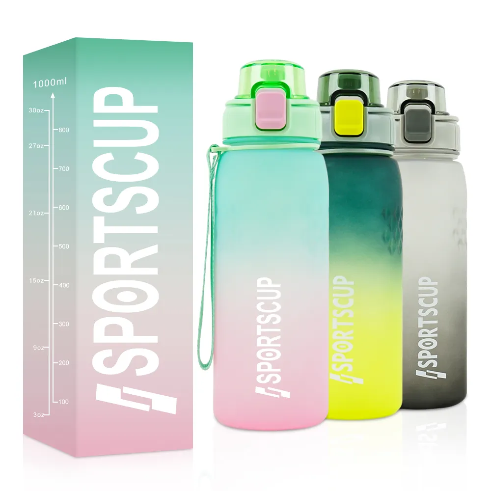 लीकप्रूफ BPA फ्री 1l फिटनेस आउटडोर स्पोर्ट्स वॉटर जग टाइम मार्कर बड़ी प्लास्टिक रनिंग मोटिवेशनल पानी की बोतल
