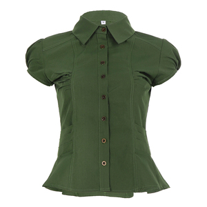 Chemisier Vert Femme à Manches Courtes Boutonné Style Vintage avec Peplum et Manches Bouffantes Coupe Ajustée Décontracté Nouvelle Mode 2026 - Product Image 6