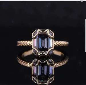 Popular 10k yellow solid gold 7*9 Emerald cut rings jewelry women 3 carat gray blue color moissanite jewelry rings