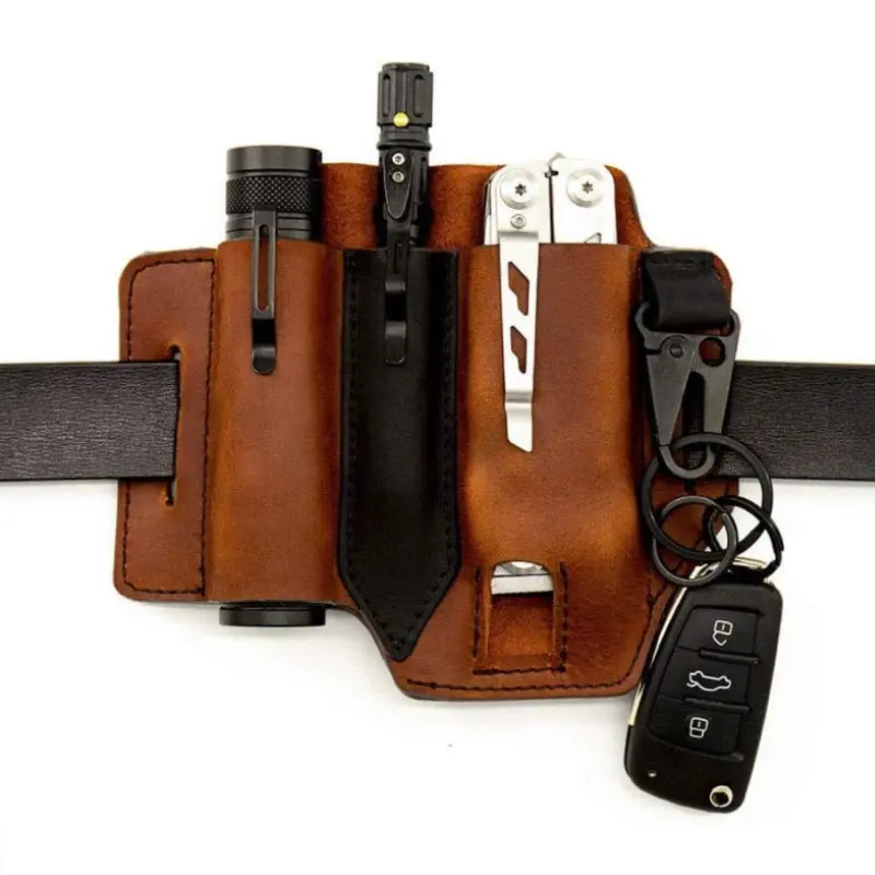 Camping Leather Tool Holster Flashlight Case Belt EDC Pocket Organizer Sheath with Pen Holder Key Fob