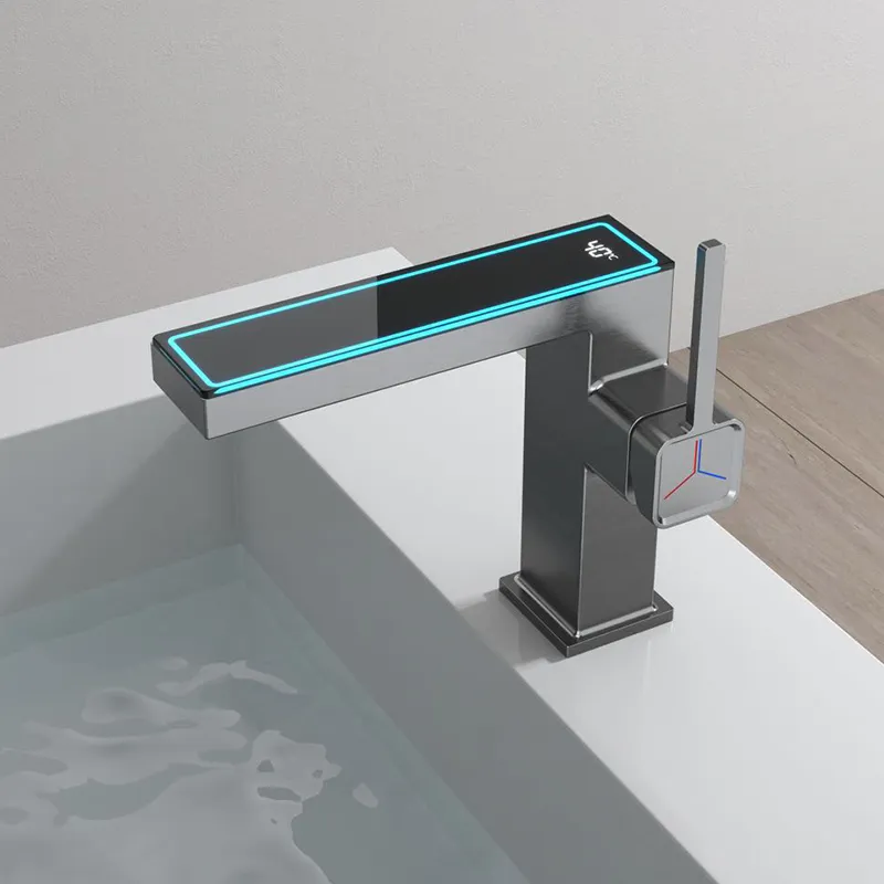 Robinet en cuivre à affichage numérique intelligent Mélangeur de lavabo Eau chaude et froide Salle de bain en laiton Avec lampe d'ambiance Robinet de lavabo